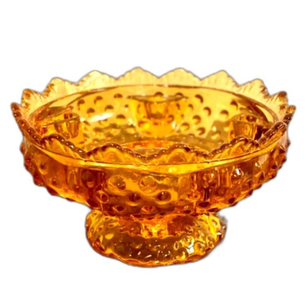 Vintage 70s Fenton Amber Hobnail Pedestal Candle Bowl 3872 Patented Centerpiece